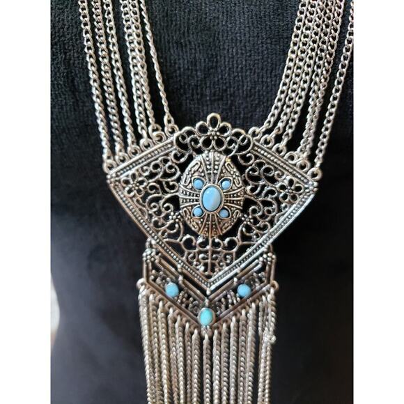 Women's Vintage Boho Statement Necklace Silver Tone Chain with Turquoise Stones - Picture 4 of 7